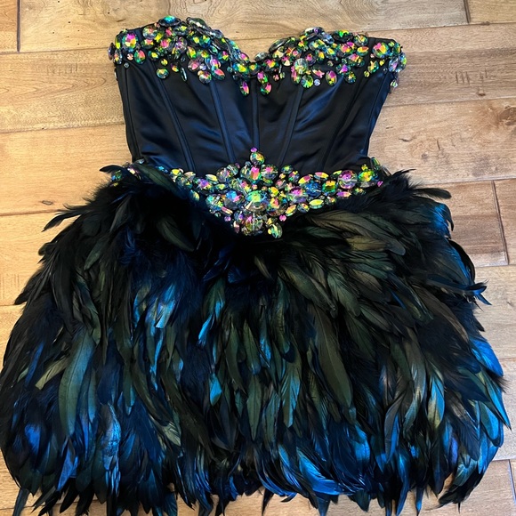 Sherri Hill Black Feather Strapless Dress - Picture 3 of 8